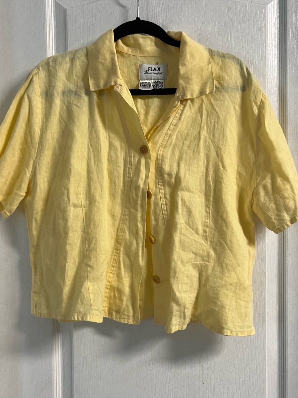 Flax Short-Sleeve Yellow Linen Button-Front Shirt